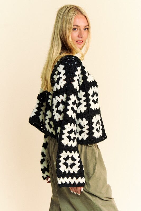 Davi & Dani Full Size Two Tone Flower Square Crochet Open Front Cardigan、mySite、camillekostekn