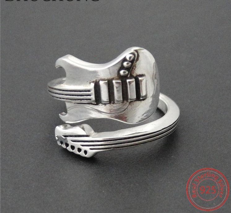 Guitar Ring Sterling Silver Antique look Electric Guitar Open Design Fits Most、mySite、g9winljtr
