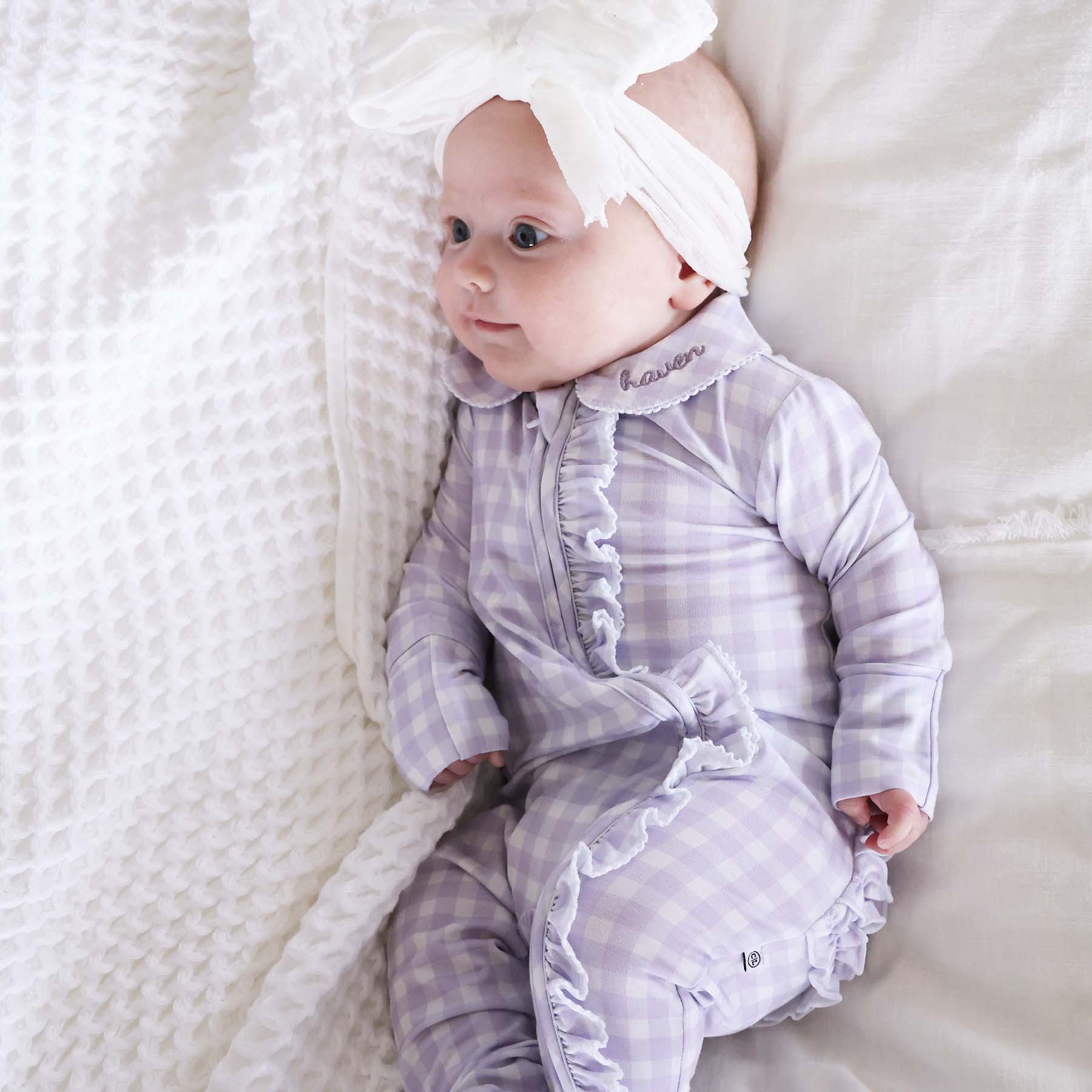  Peter Pan Collar Ruffle Zipper Footie | Lilac Gingham、mySite、layawaytickets