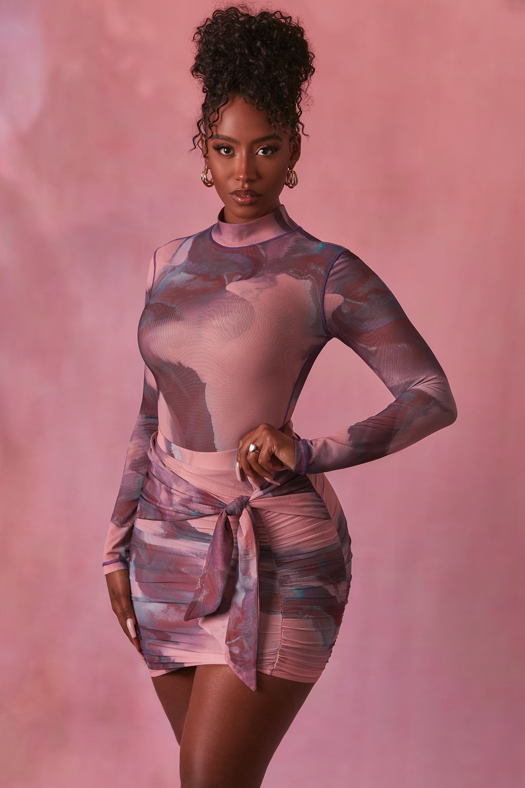 High Neck Long Sleeve Mesh Bodysuit in Blush、mySite、solidvoid