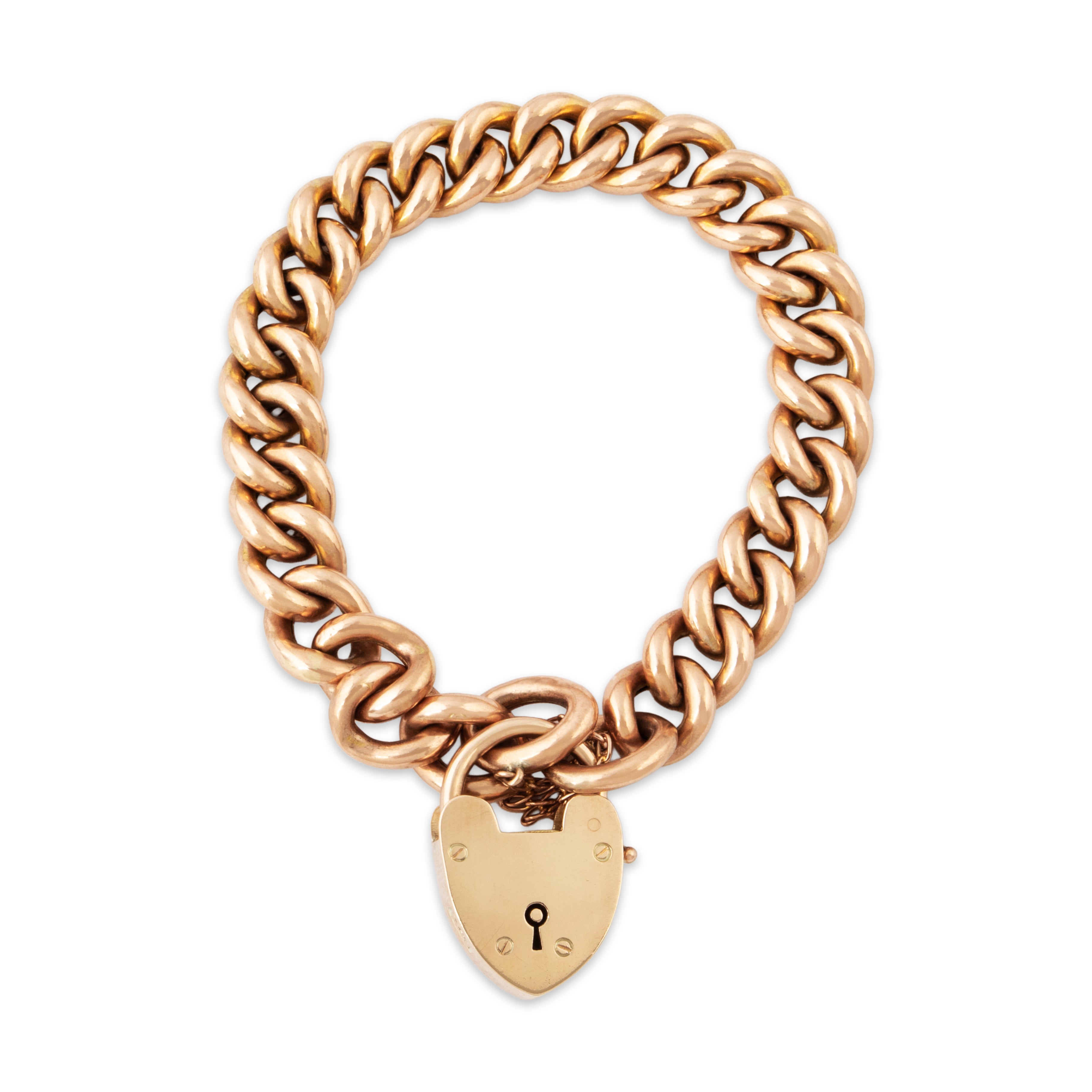 Antique English 9k Rose Gold Heart Lock Fabulous Curb Link Bracelet 7.25、mySite、hinf8tx79