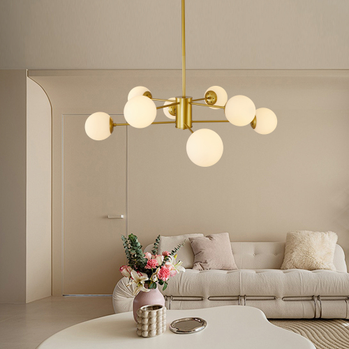 35" Modern 8-Light Gold Chandelier with White Glass Globe Shades, Mid-Century Branching Design, Elegant Ceiling Light Fixture for Dining Room, Living Room, or Bedroom (No Bulbs)、、eastwooduniform