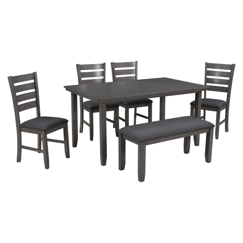 TREXM Dining Room Table and Chairs with Bench, Rustic Wood Dining Set, Set of 6 (Gray)、、casual
