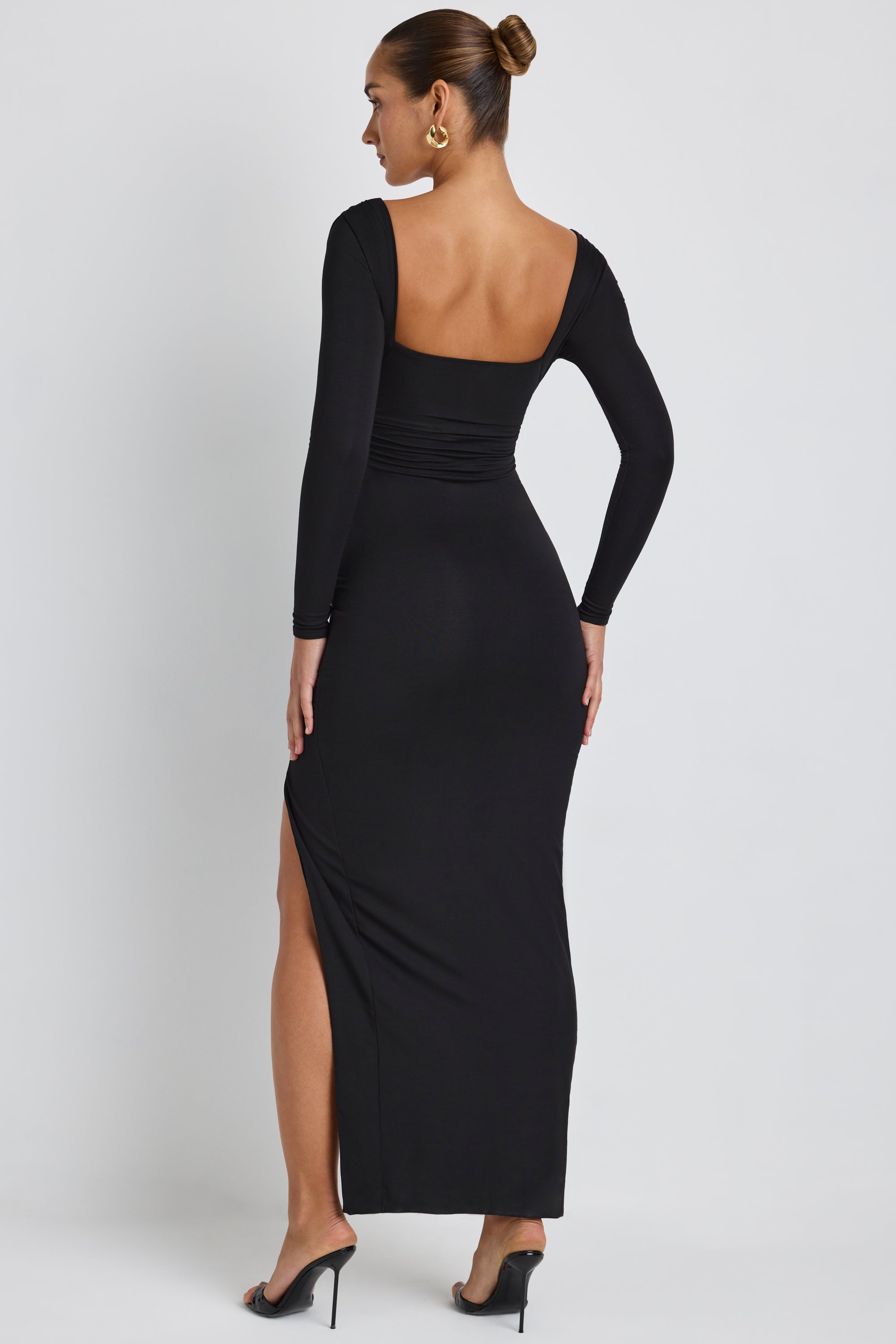 Modal Plunge Neck Long Sleeve Maxi Dress in Black、mySite、solidvoid