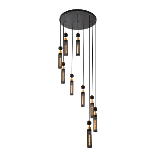 24" Modern Industrial Multi-Light Pendant Chandelier - 9-Light Black and Gold Adjustable Ceiling Light Fixture with Mesh Cylinder Shades for Living Room, Dining Room, or Staircase (Bulb Not Included)、、eastwooduniform