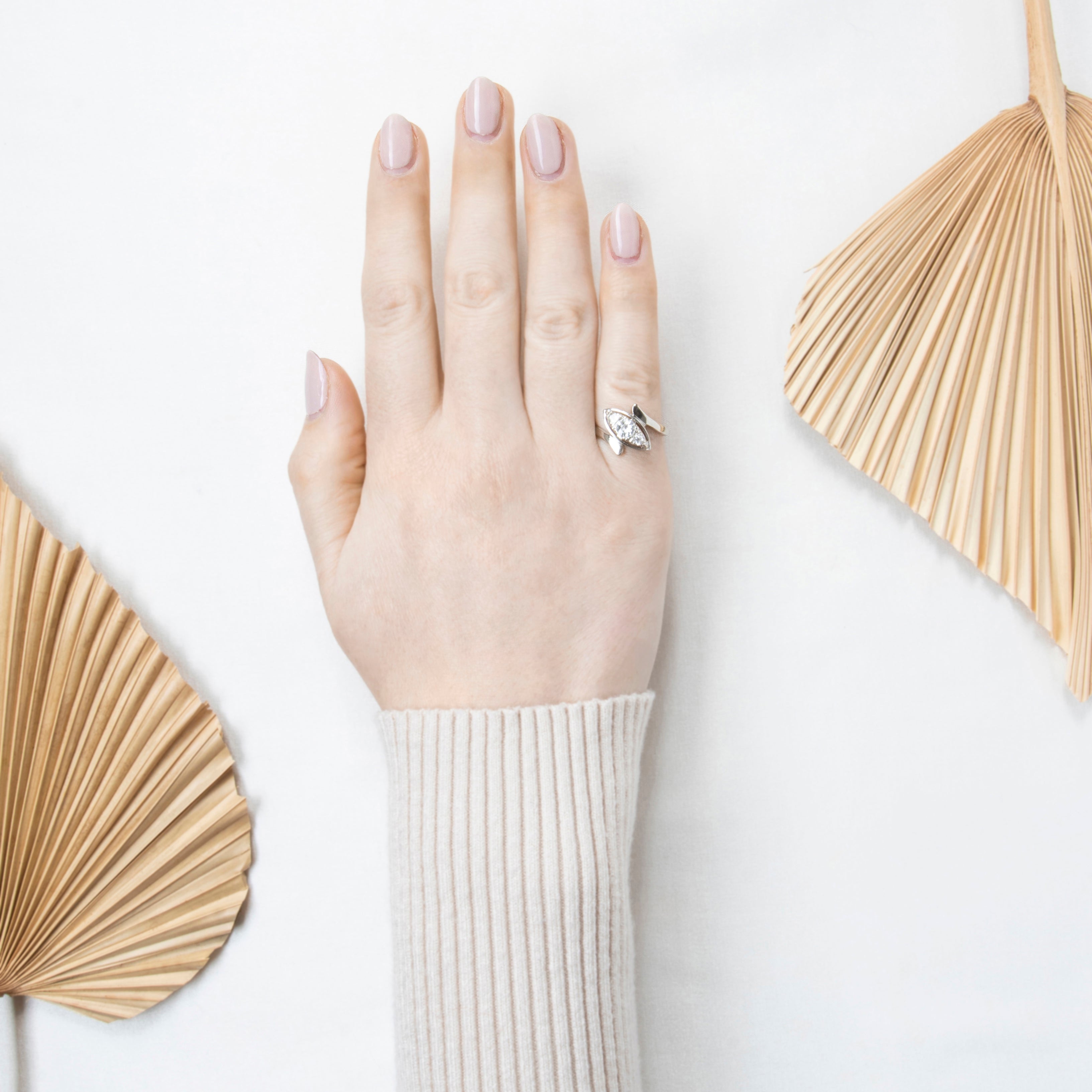 Vintage 14k White Gold 0.438cttw Old Mine Diamond Bypass Navette Trio Ring 6.25、mySite、hinf8tx79