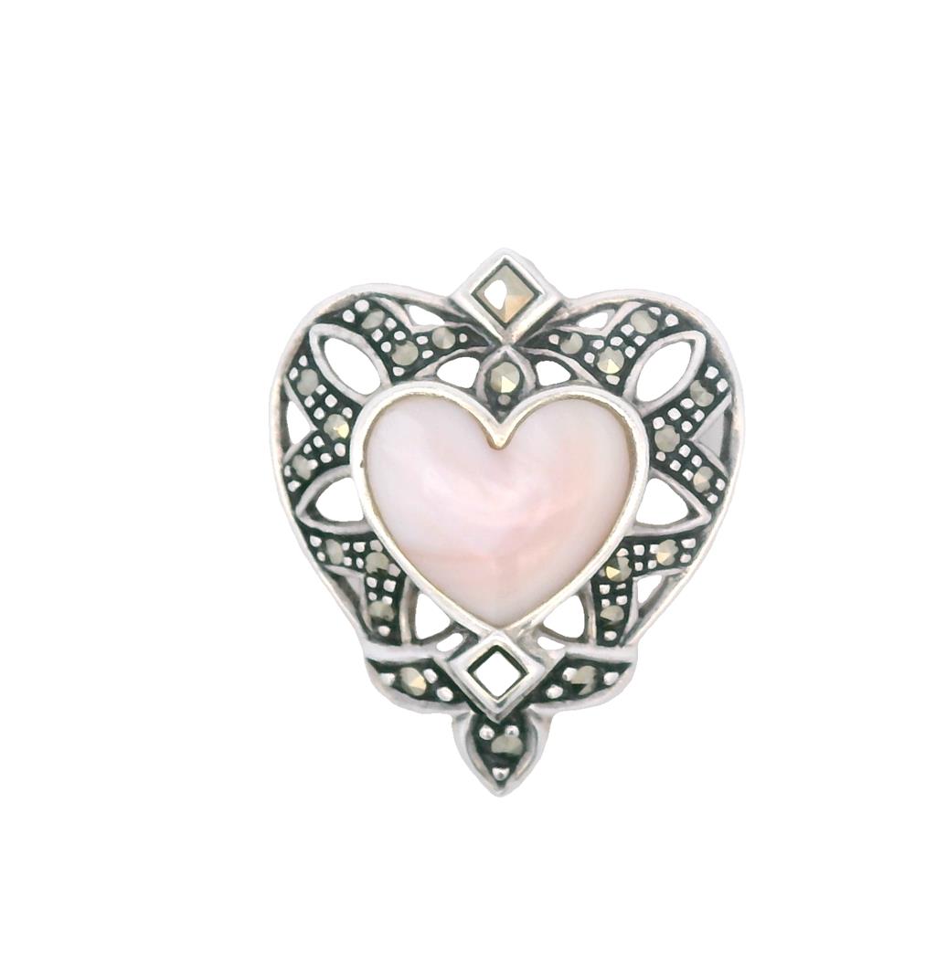 Estate Sterling Silver Mother of Pearl & Marcasite Heart Pendant、mySite、botmansion