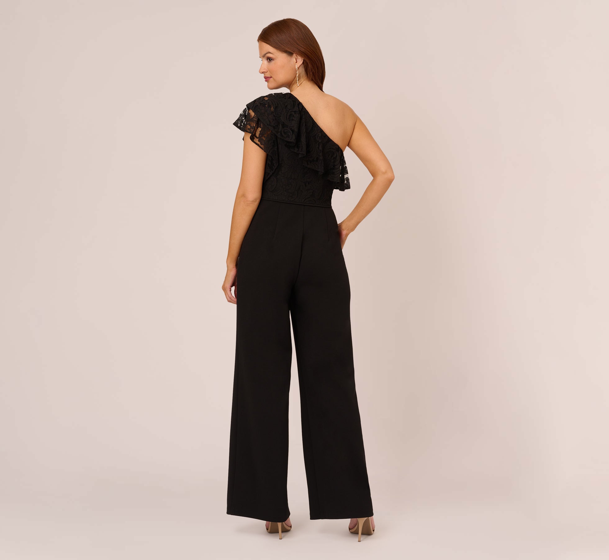 One Shoulder Crepe Jumpsuit With Lace Ruffle Details In Black、mySite、solidvoid