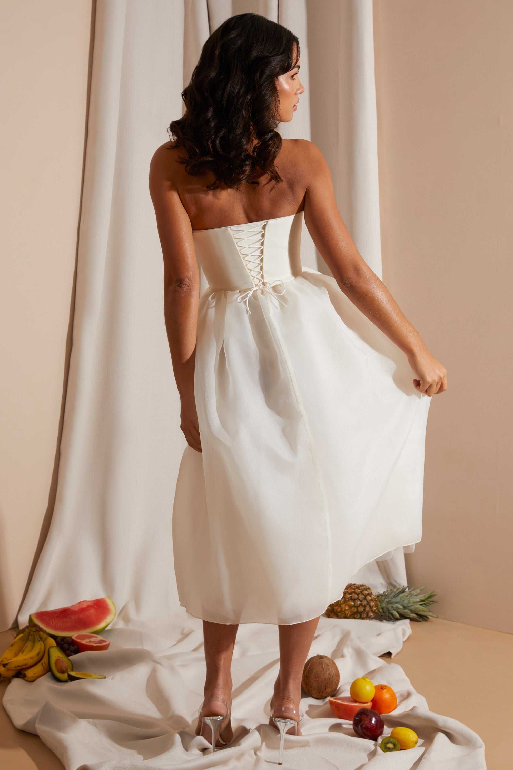  Strapless Corset Tulle Midi Dress in White、mySite、sugarbowlscore