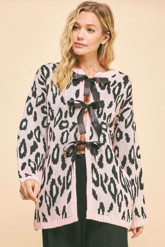 Davi & Dani Leopard Ribbon Tie Front Loose Fit Cardigan、mySite、camillekostekn