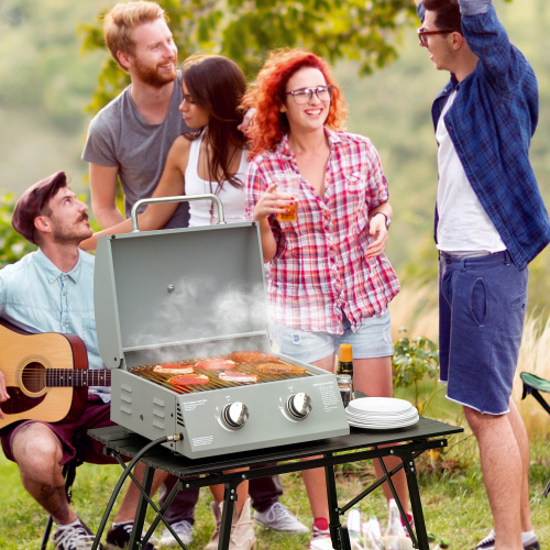 Outsunny 2 Burner Propane Gas Grill Outdoor Portable Tabletop BBQ with Foldable Legs, Lid, Thermometer for Camping, Picnic, Backyard, Light Grey、、eastwooduniform