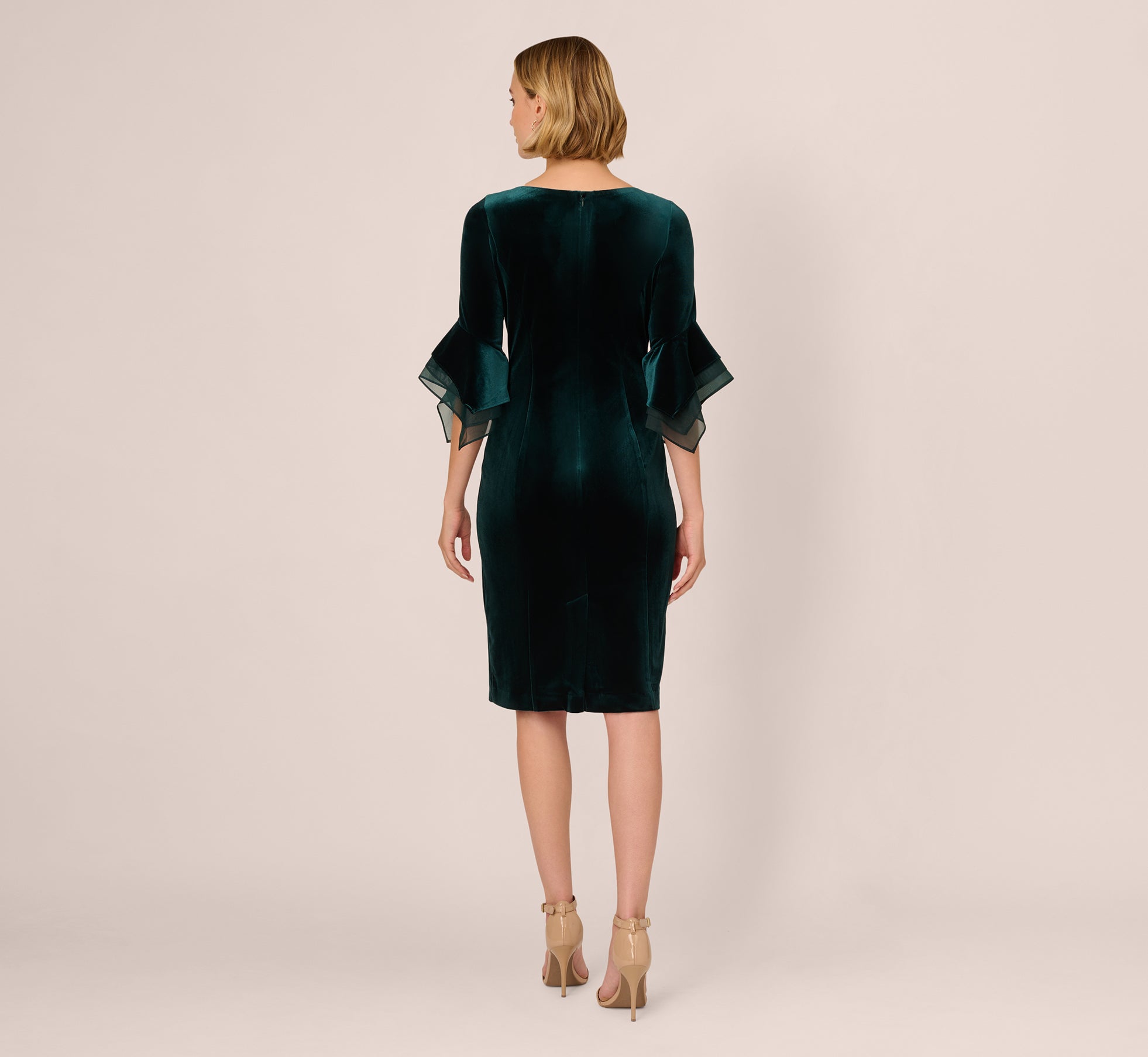 Velvet Sheath Dress With Tiered Three Quarter Sleeves In Hunter、mySite、solidvoid