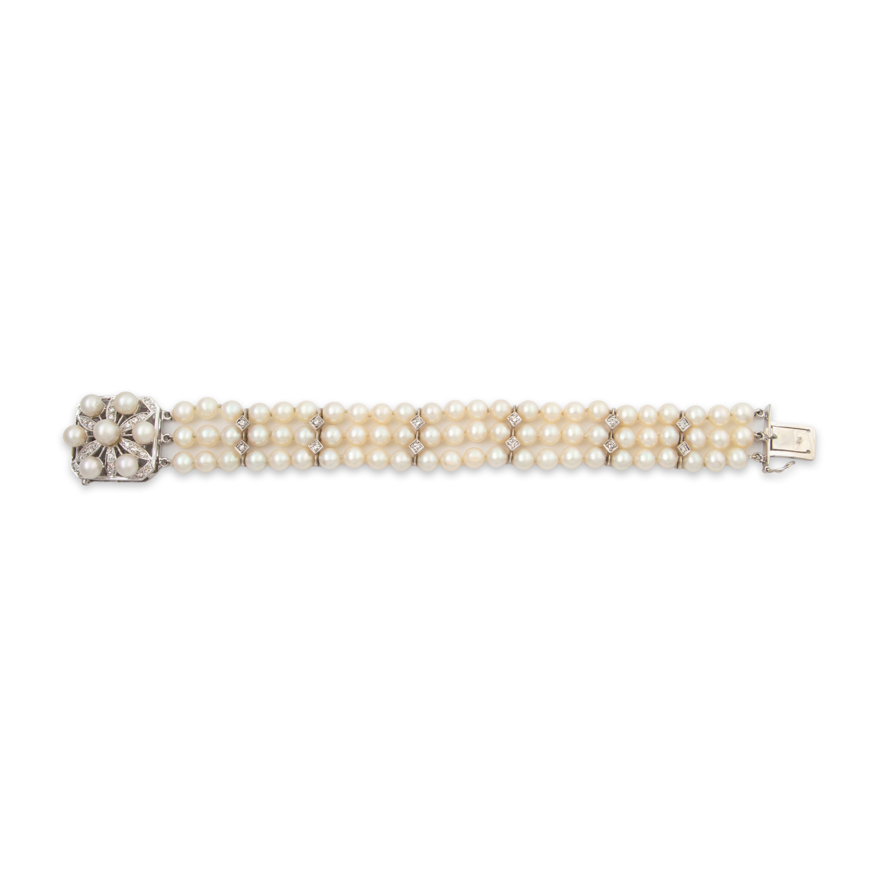 Vintage 14k White Gold Pearl .748cttw Diamond Triple Strand Bracelet 6.25、mySite、hinf8tx79