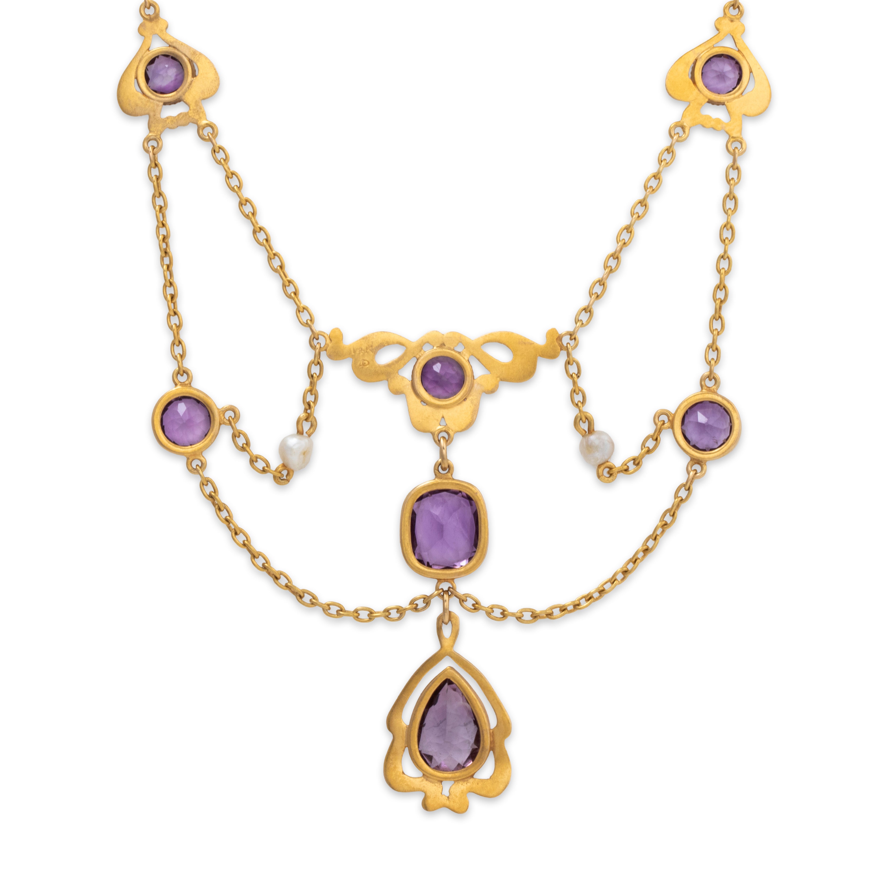 Antique Rare 14k Yellow Gold 9.57cttw Amethyst Pearl Festoon Necklace 16、mySite、hinf8tx79