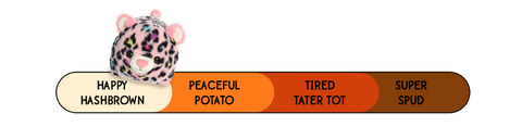 A Spudsters pink leopard plush by Aurora that is placed at happy hashbrown on the spud-o-meter