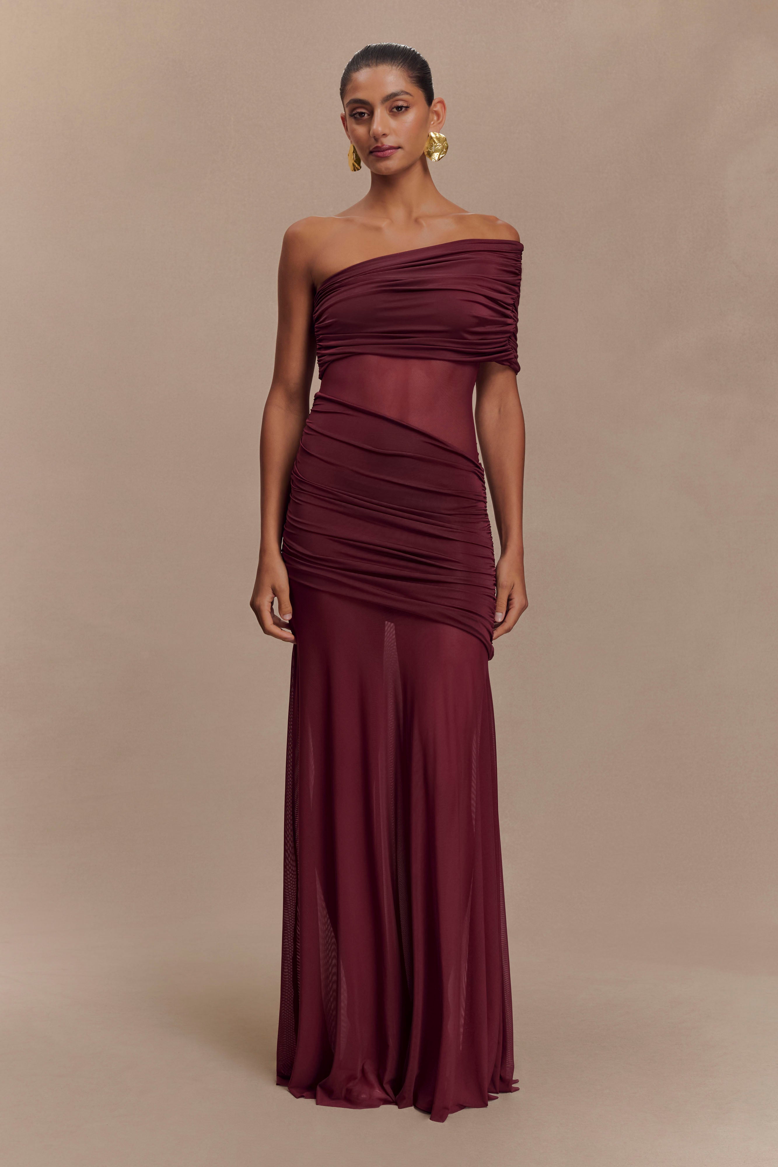 Dallas One Shoulder Mesh Maxi Dress - Burgundy、mySite、solidvoid