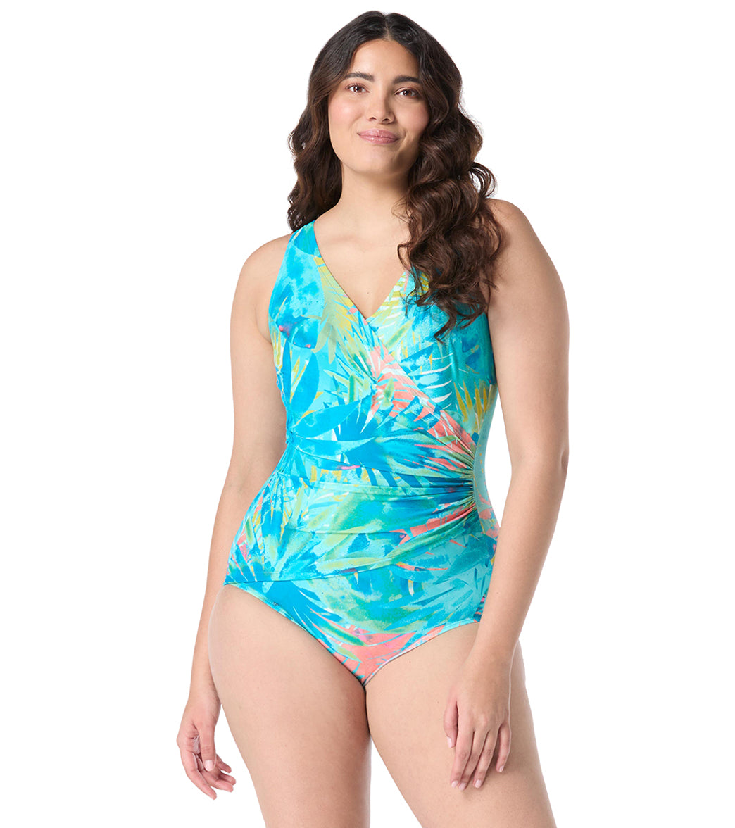 Roxanne Women's Chlorine Resistant Bra Sized Paradise Palm Surplice One Piece Swimsuit (D/DD Cup)、mySite、noshort