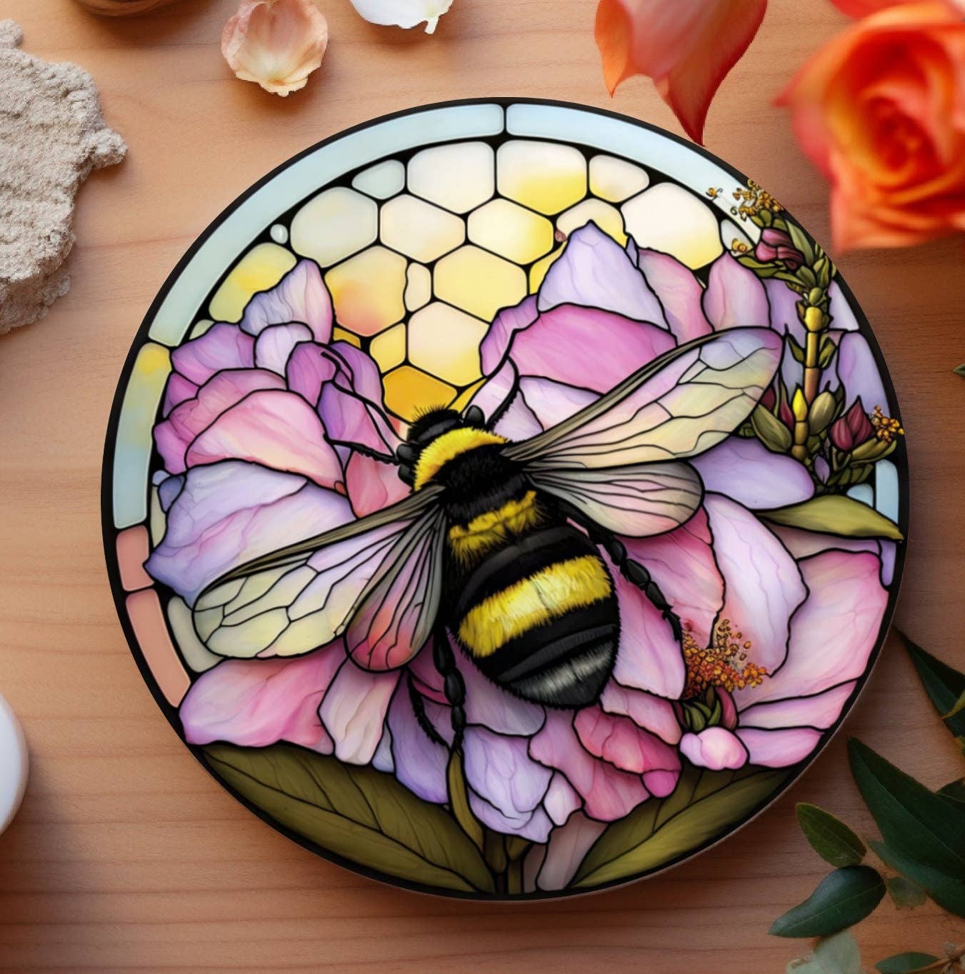 Bumble Bee Flower Stained Glass Ceramic Coasters、mySite、g9winljtr