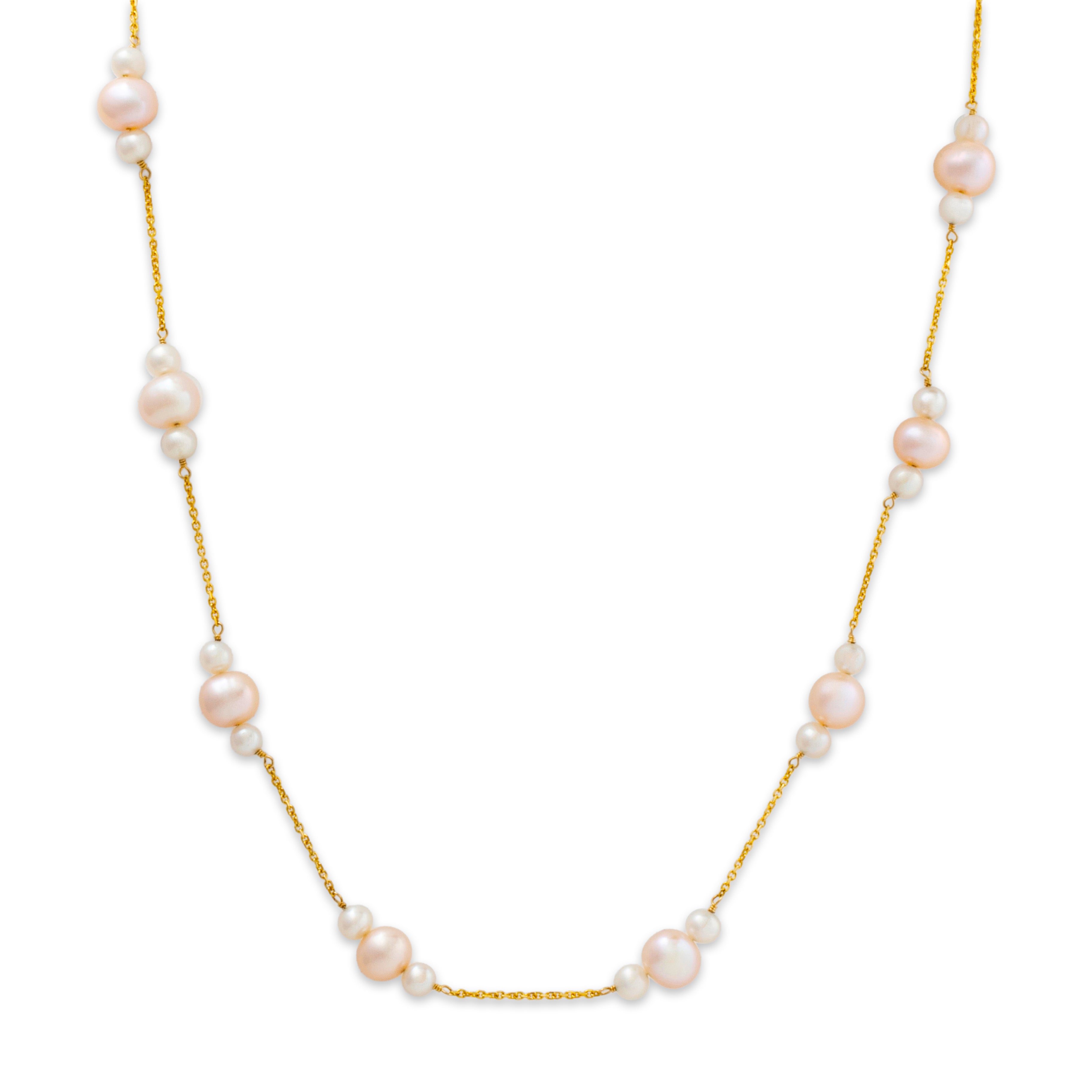 Vintage 14k Yellow Gold Pearl Lustrous Station Necklace 17、mySite、hinf8tx79