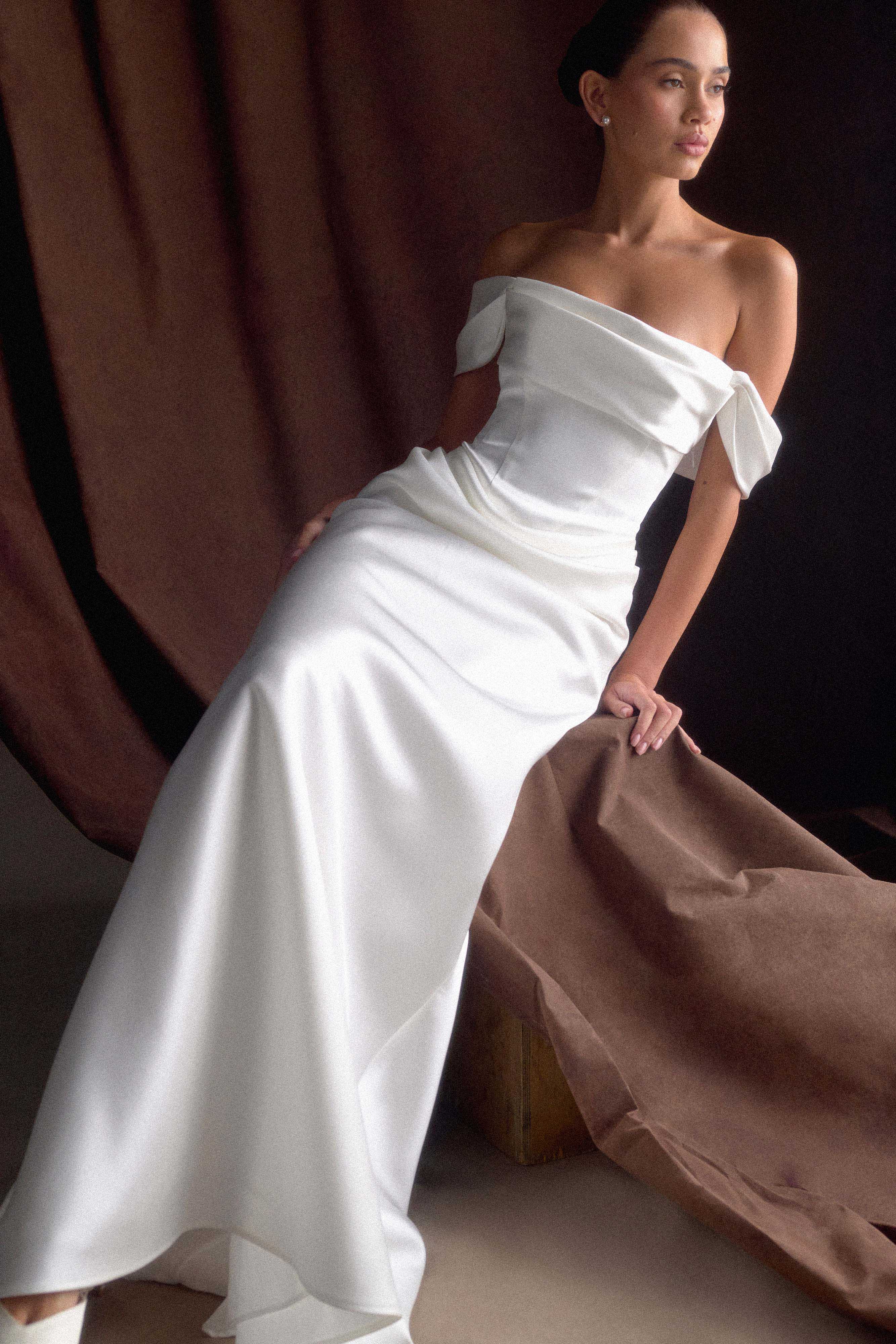 Luna Satin Off Shoulder Gown - White、mySite、solidvoid