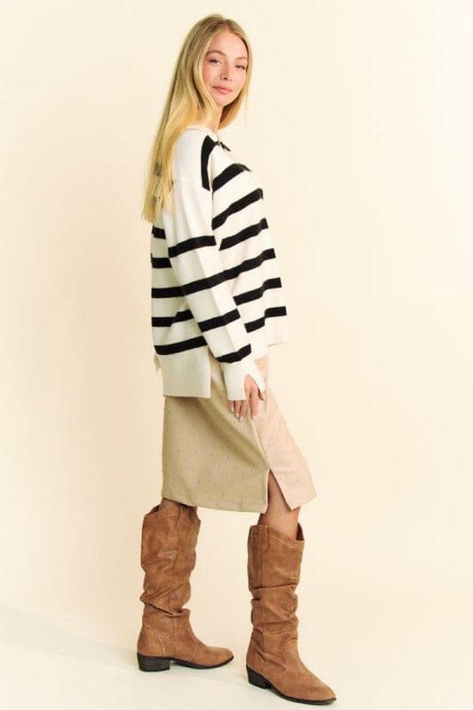 Davi & Dani High-Low Side Slit Striped Johnny Collar Sweater、mySite、camillekostekn