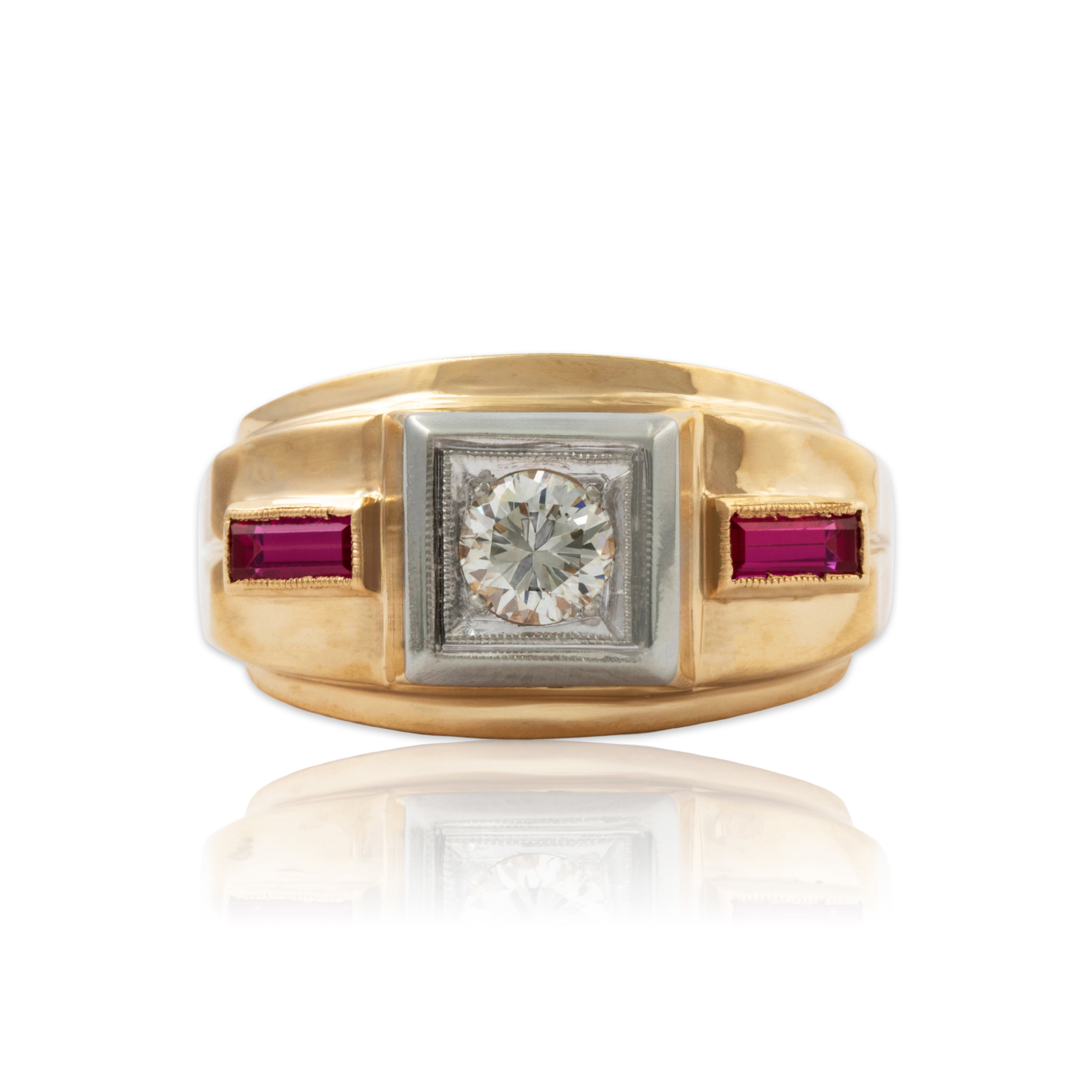 Vintage 14k Yellow Gold .46ct Natural Diamond Synthetic Ruby Bold Modernist Ring、mySite、hinf8tx79