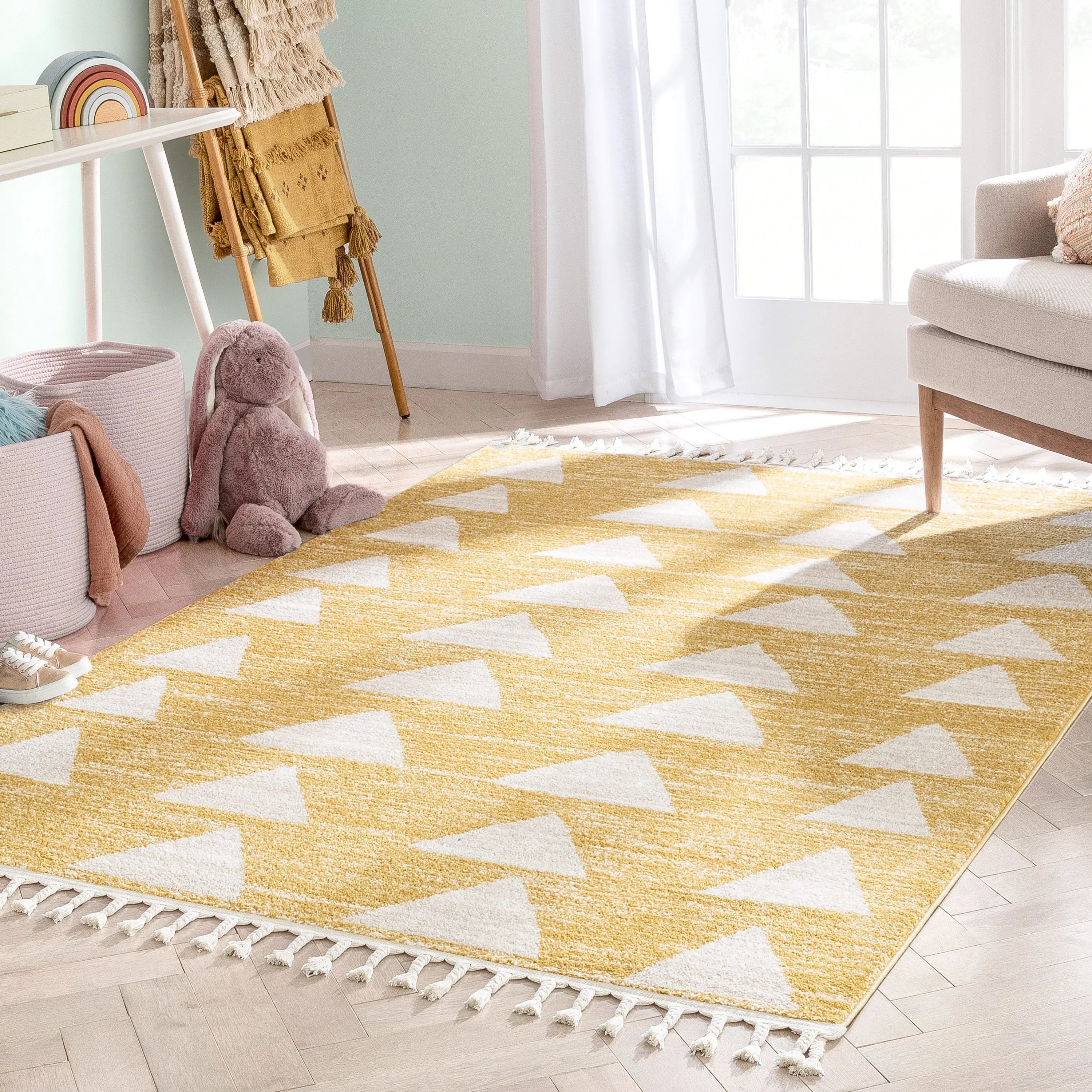 Triangles Modern Geometric Pattern Yellow Kids Rug、mySite、gigharbornorthrealestate