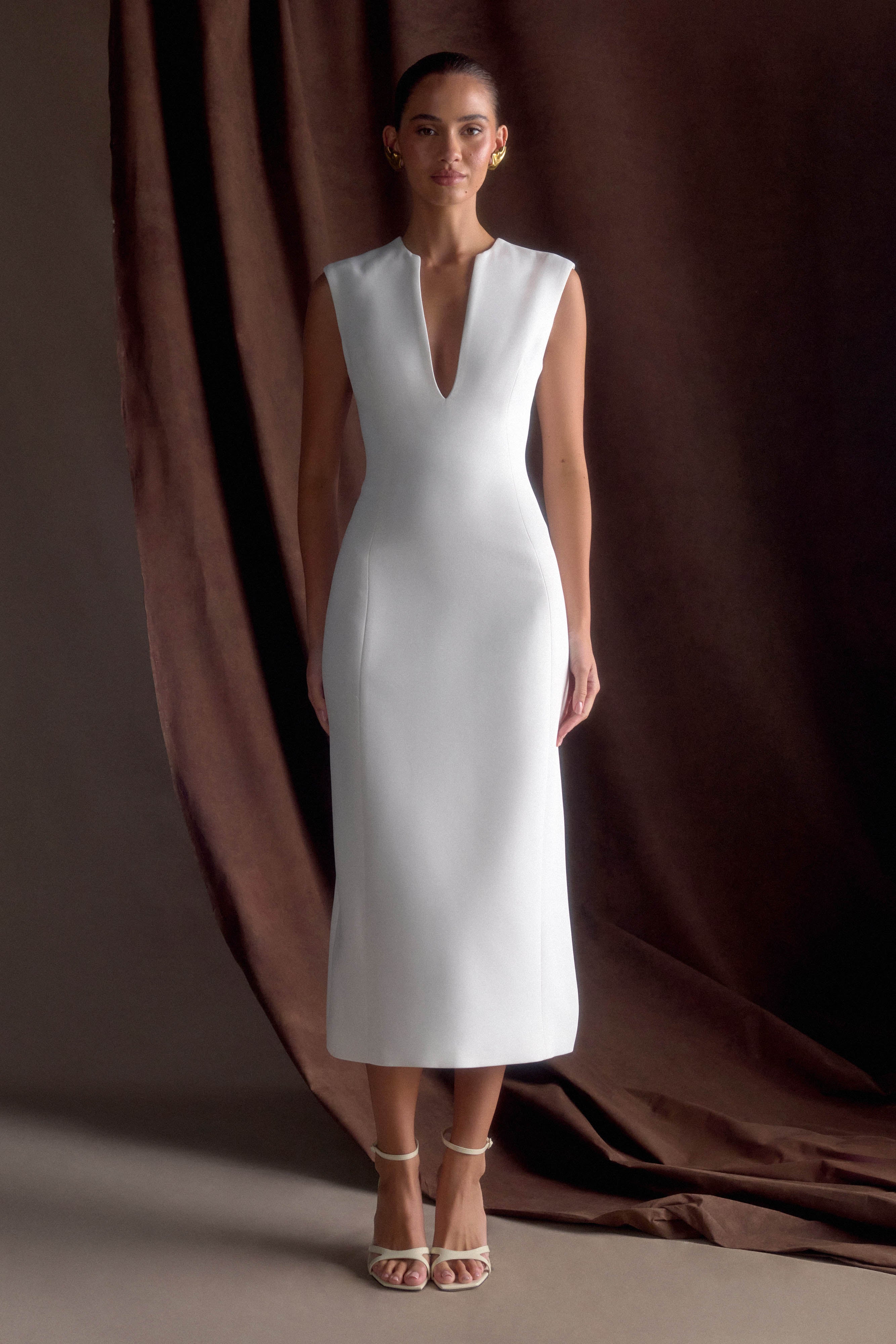 Audrine Suiting Sleeveless Midi Dress - Ivory、mySite、solidvoid