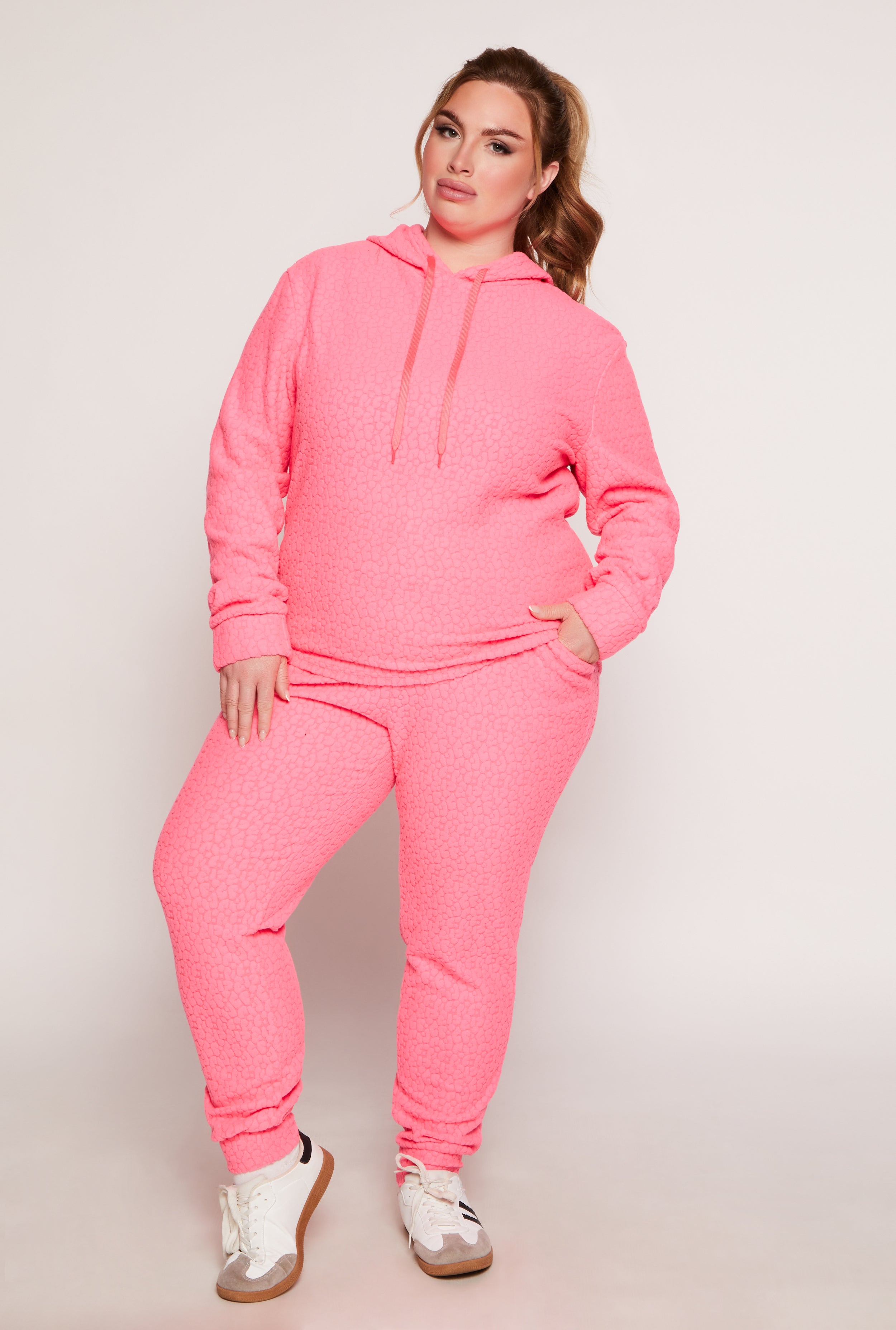 Plus Size Leopard Textured Knit Hoodie、mySite、camillekostekn