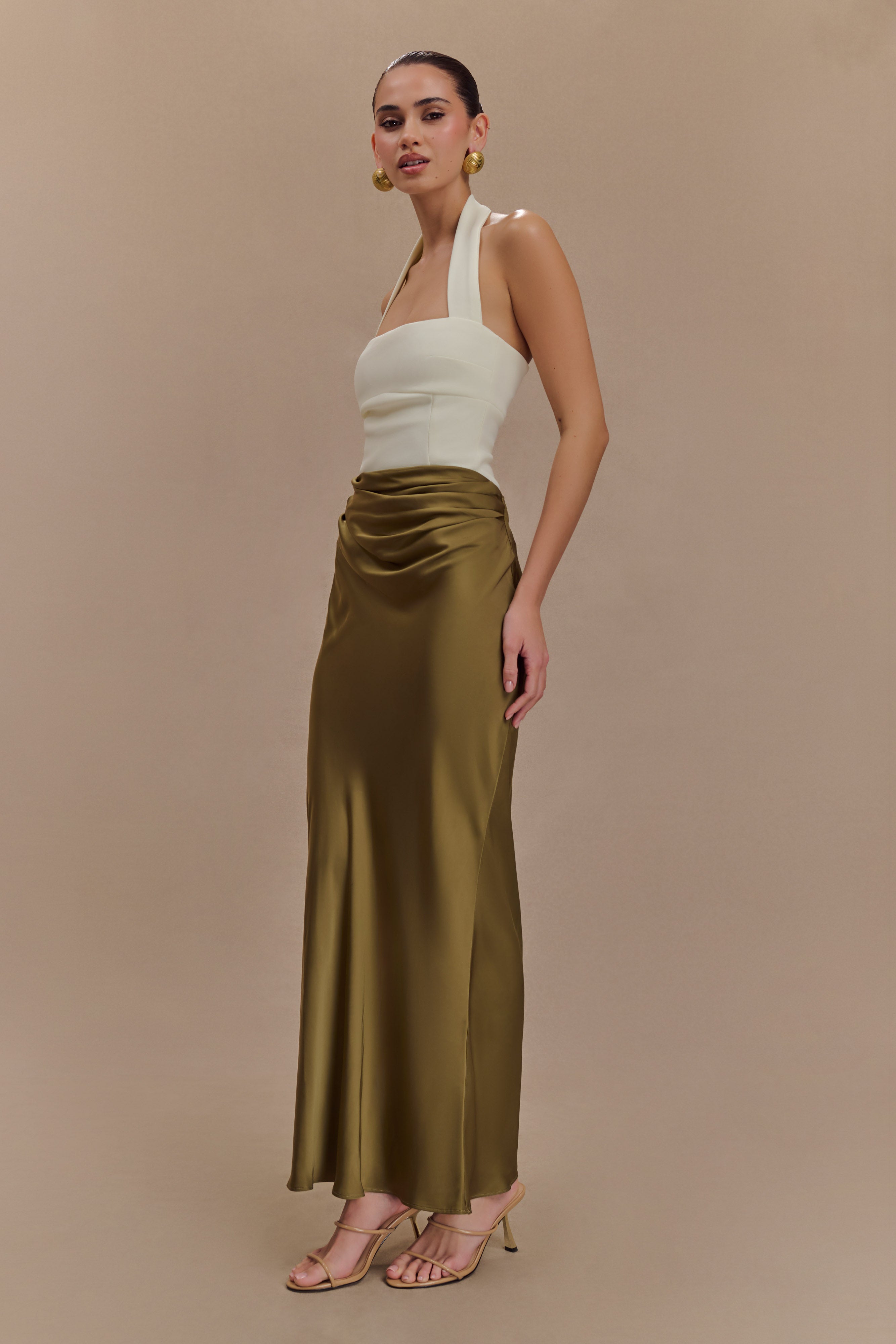 Nicola Satin Asymmetric Maxi Skirt - Basil、mySite、solidvoid