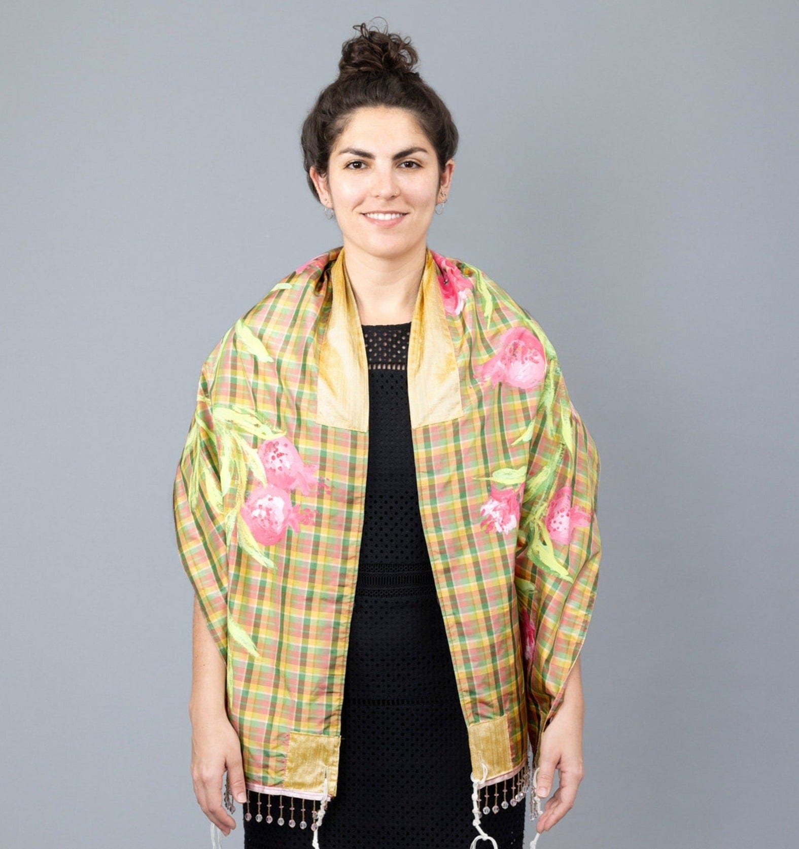 Pink, Green, and Yellow Silk Plaid Tallit with Hand-Painted Pomegranate Design、mySite、topwebapps
