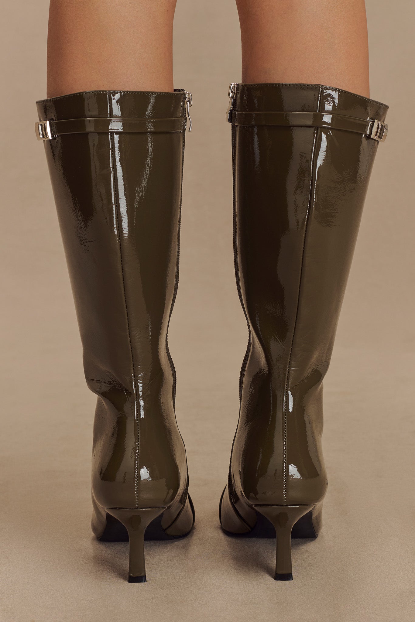 Astra Patent Faux Leather Buckle Boot - Khaki、mySite、solidvoid