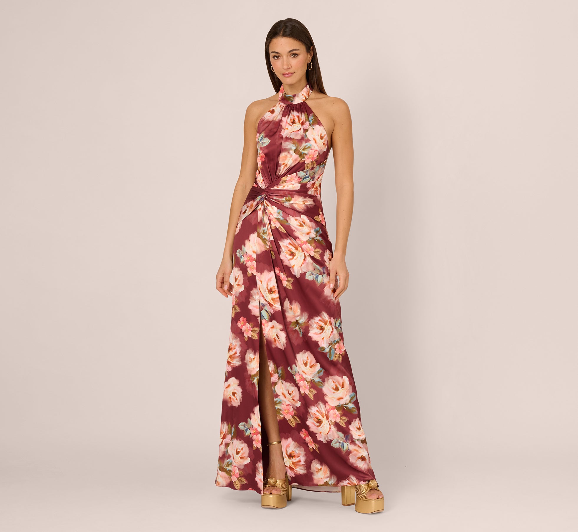 Floral Satin Twist Waist Halter Gown In Brown Multi、mySite、solidvoid