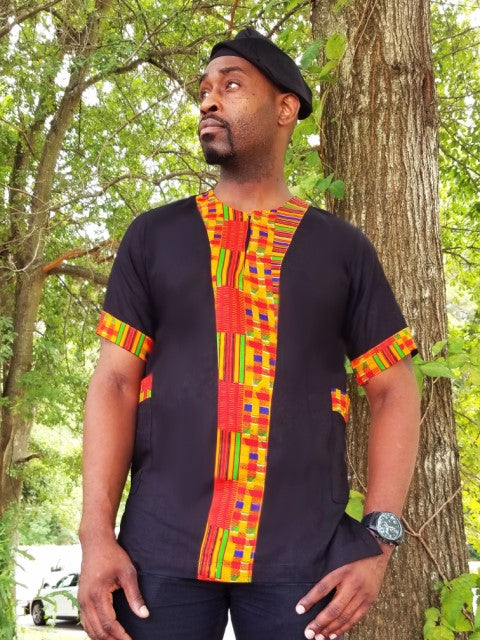 Black plain cotton African Dashiki with Kente Print Trim-DP3298D、mySite、solidvoid