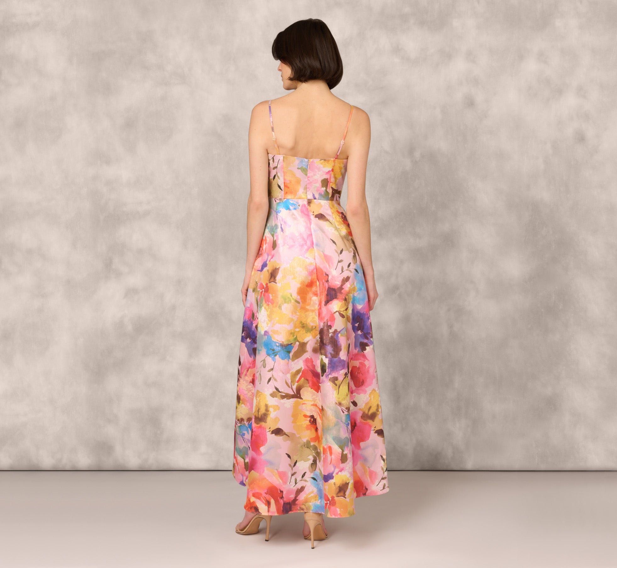 Multicolor Metallic Floral Print Jacquard High Low Gown With Pockets In Pink Multi、mySite、solidvoid