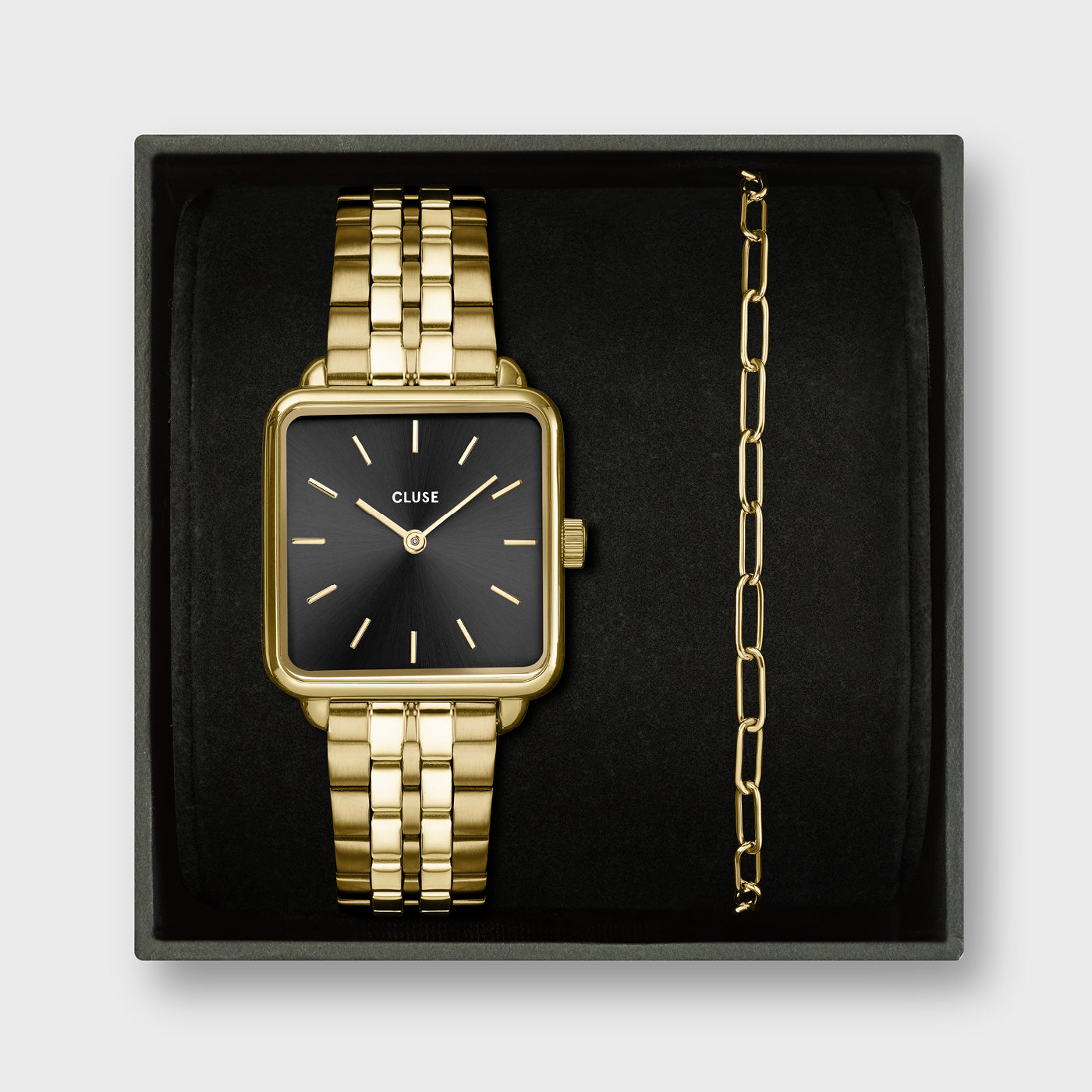  Gift Box La Tétragone Watch Steel, Black & Paperclip Chain Bracelet, Gold Colour