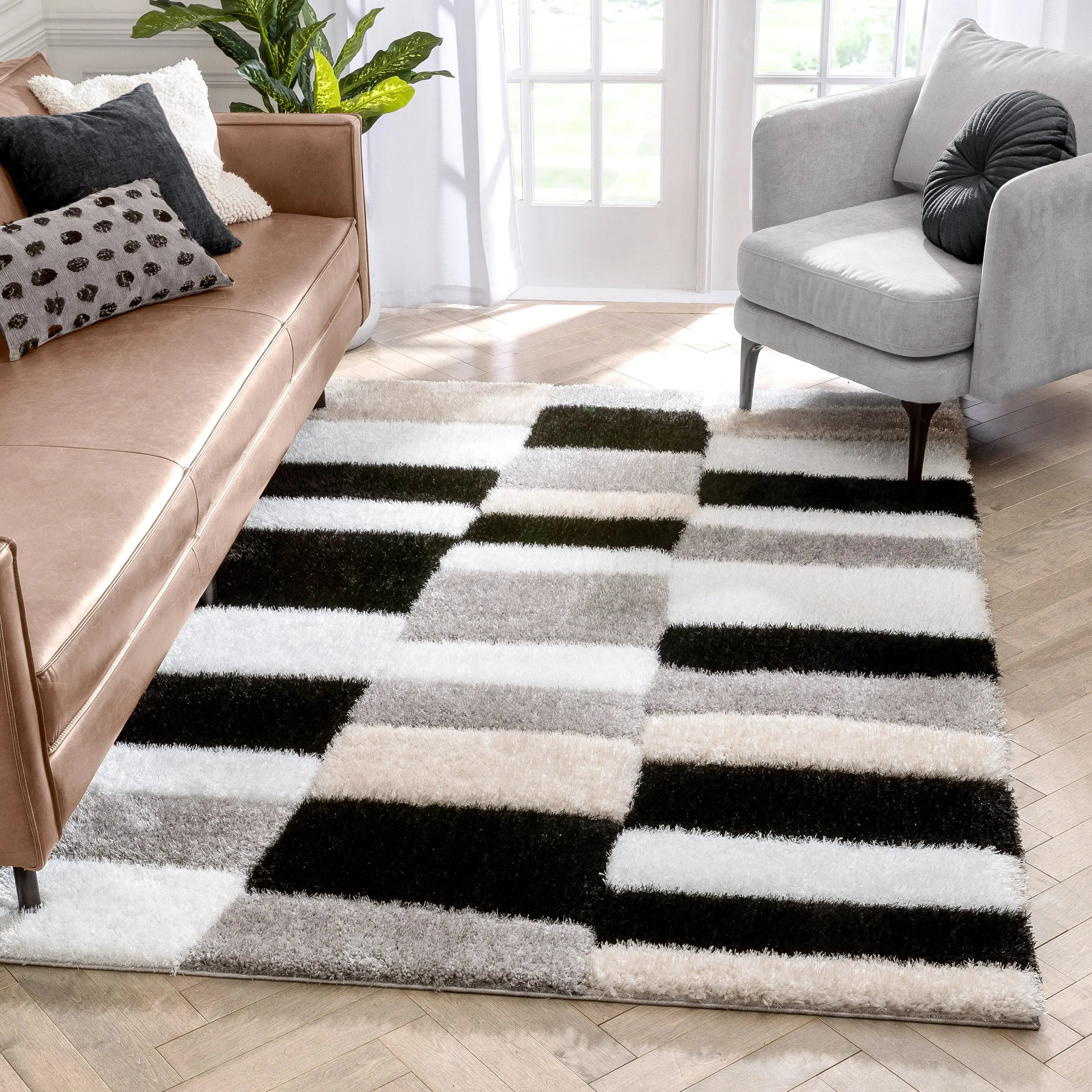 Chaska Geometric Squares Shag Ivory Black 7'10 x 9'10 3D Textured Rug、mySite、gigharbornorthrealestate