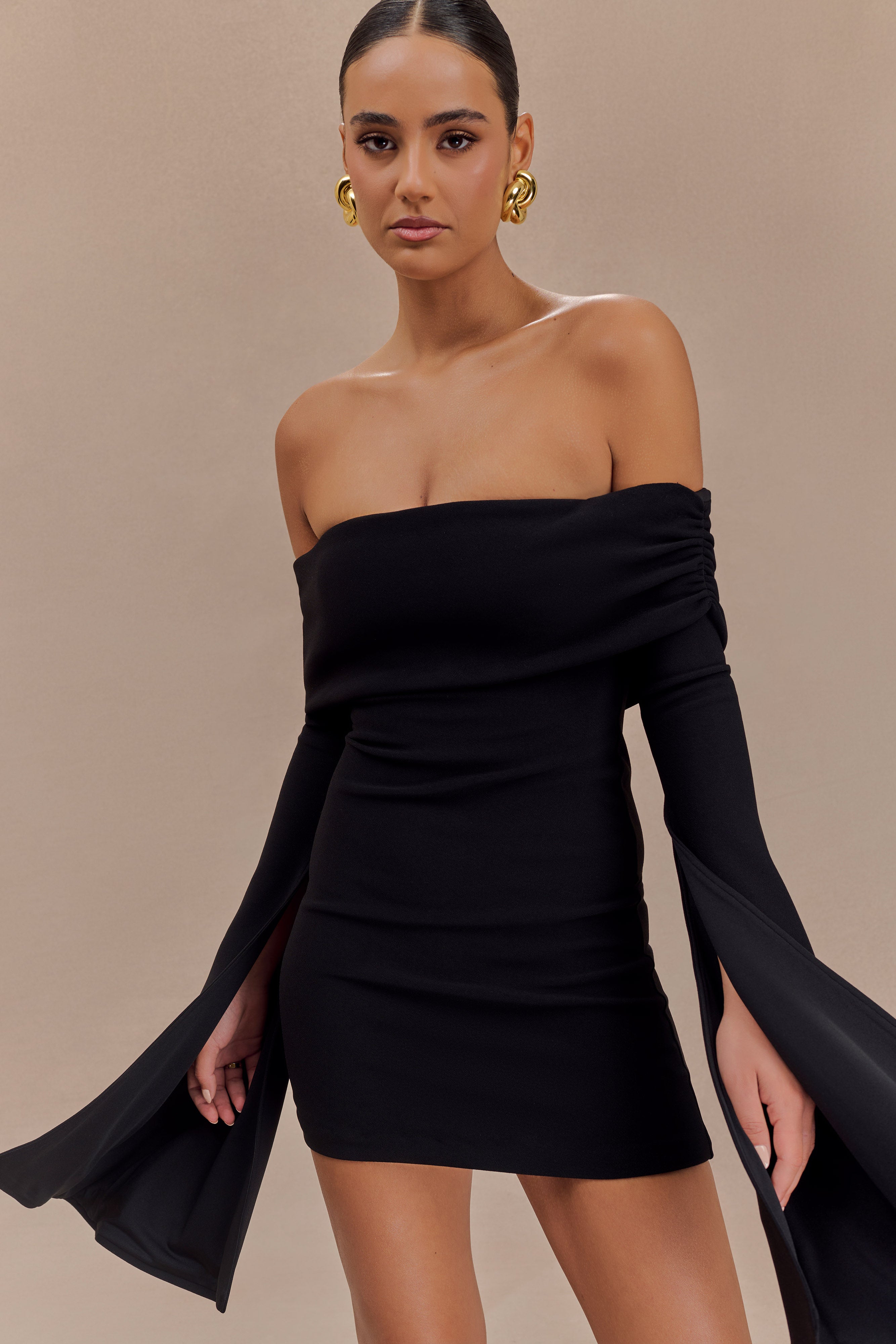 Dominique Off Shoulder Long Sleeve Mini Dress - Black、mySite、solidvoid