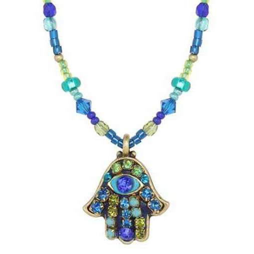 Michal Golan Hamsa Necklace in Blue and Green Crystal with Evil Eye、mySite、topwebapps