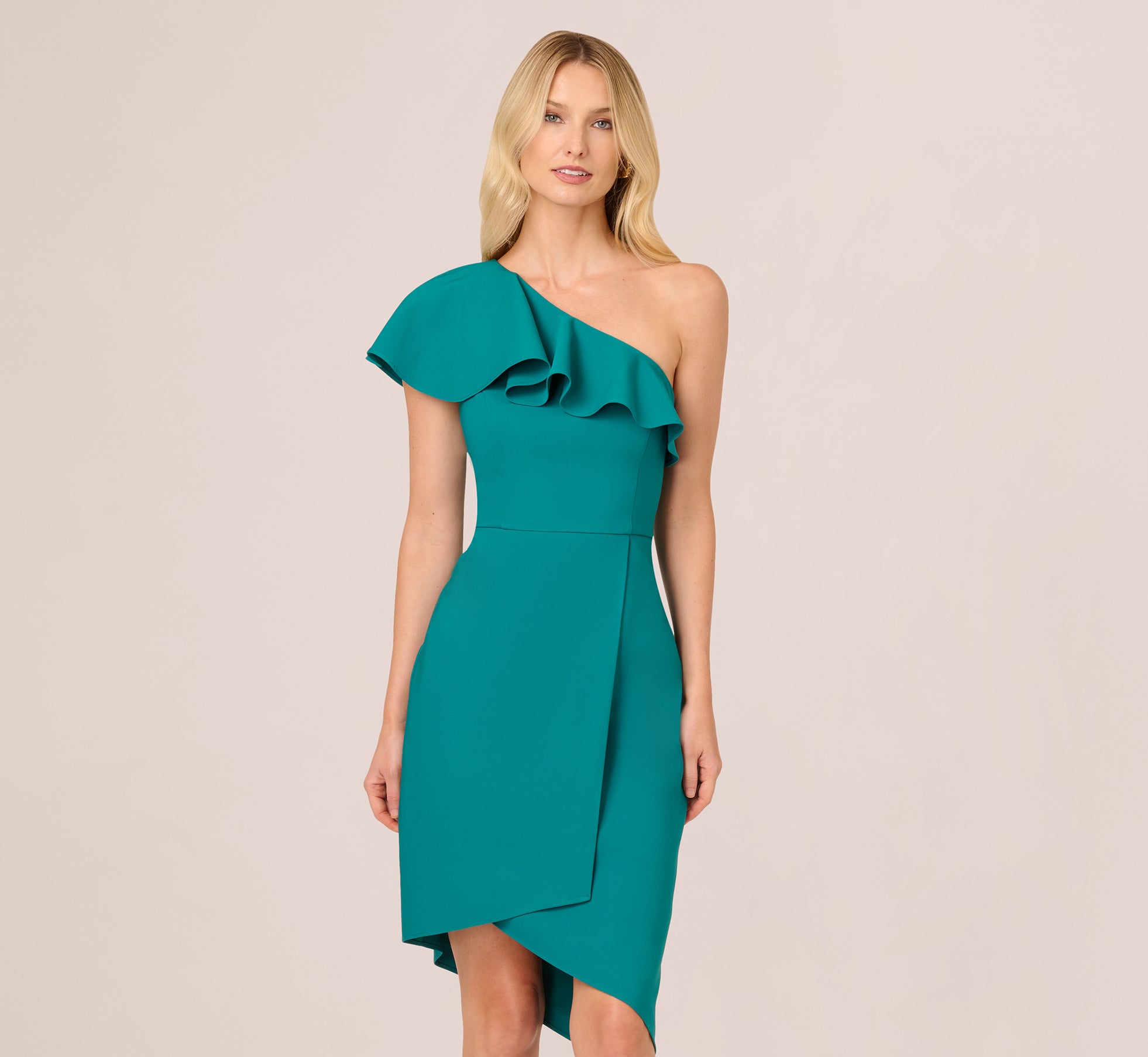 One Shoulder Stretch Crepe Short Dress In Deep Emerald、mySite、solidvoid