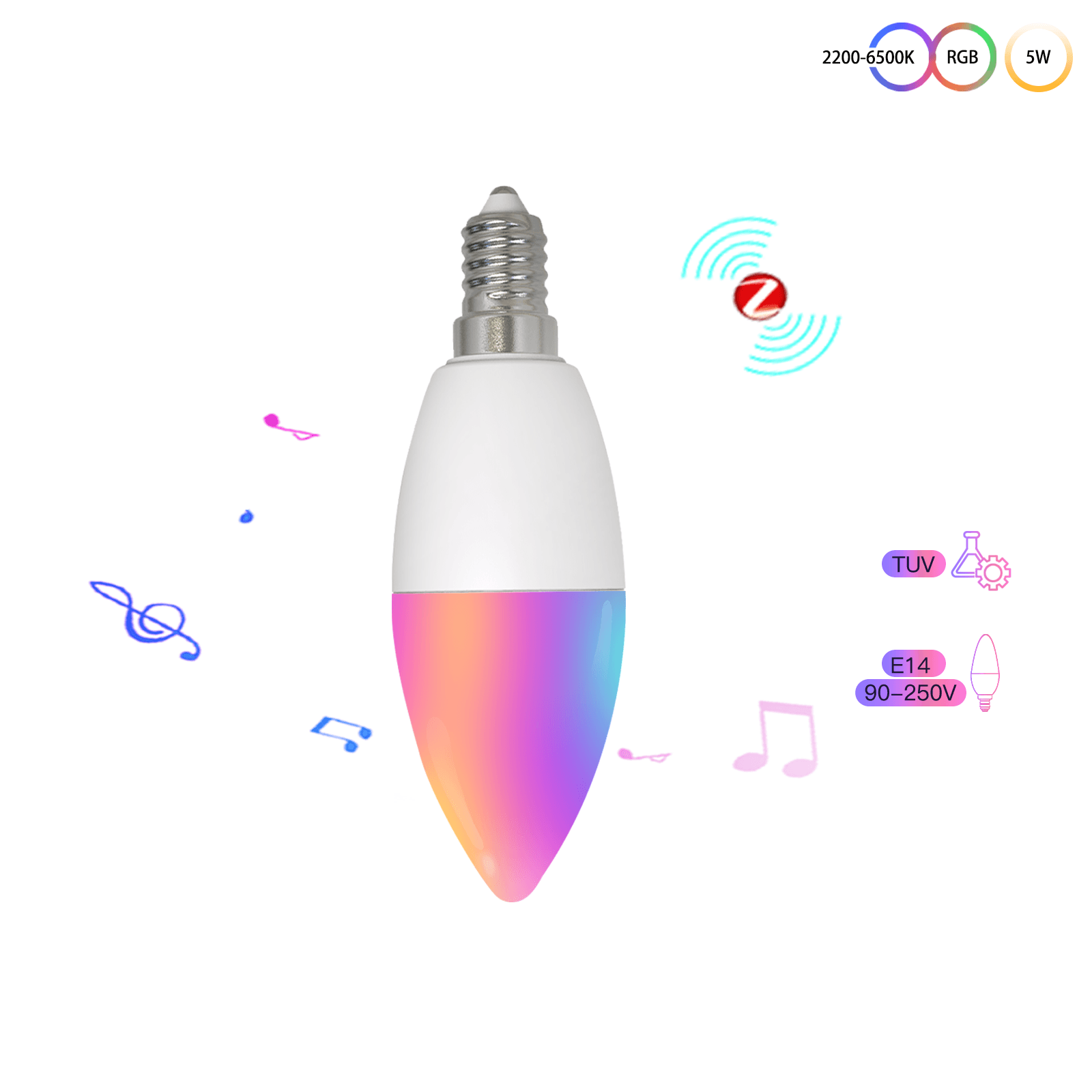 ZigBee Smart E14 Candle LED Light Candle Bulb 5W RGBCCT 2200-6500K Alexa Google Voice Control、mySite、fannypackpong