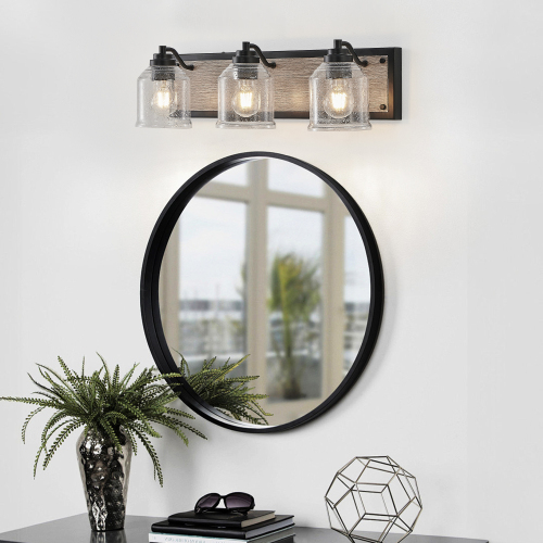 40&quot; Farmhouse Vanity Light Fixture, 5-Light Bathroom Wall Sconce with Clear Seeded Glass Shades, Black and Wood Grain Finish, Modern Industrial Design for Bathroom or Powder Room (No Bulbs)、、eastwooduniform