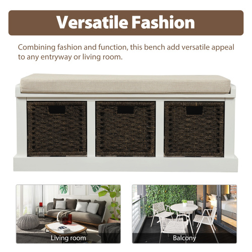 TREXM Rustic Storage Bench with 3 Removable Classic Rattan Basket , Entryway Bench with Removable Cushion (White Washed)、、casual