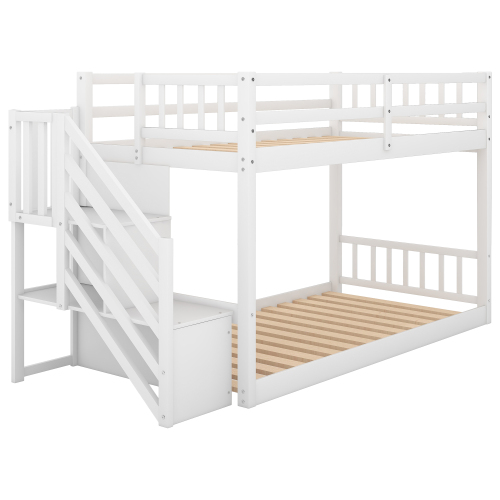 Twin over Twin Floor Bunk Bed, Ladder with Storage, Gray、、casual
