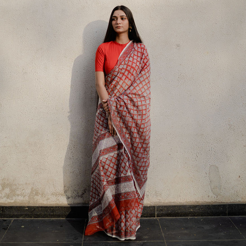Women Festive Wear | Kota Doria Sarees | Sanganeri Print | Red、mySite、camillekostekn