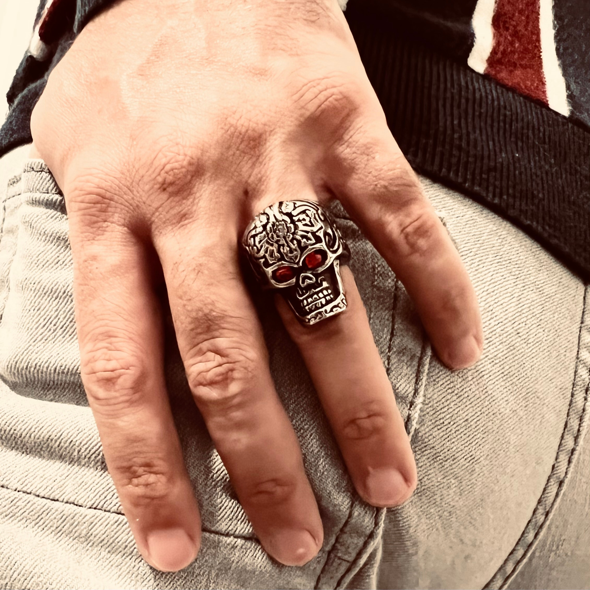 Large Red CZ Eyed Detailed Skull Stainless Steel Ring / SCR4005、mySite、dreamappss