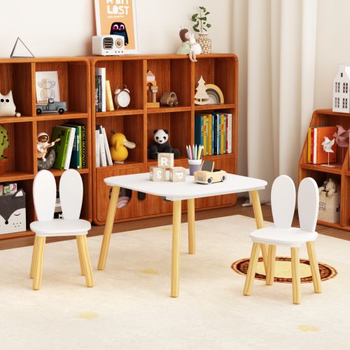 Kids Table and 2 Chairs Set, 3 Pieces Toddler Table and Chair Set, Wooden Activity Play Table Set (Lion&Monkey)、、casual