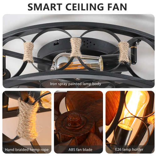 Caged Ceiling Fan with Lights Remote Control, Low Profile Flush Mount Farmhouse Modern Ceiling fans, 6 Speeds Reversible Blades, 5 LED Bulbs Include(Black)、、eastwooduniform