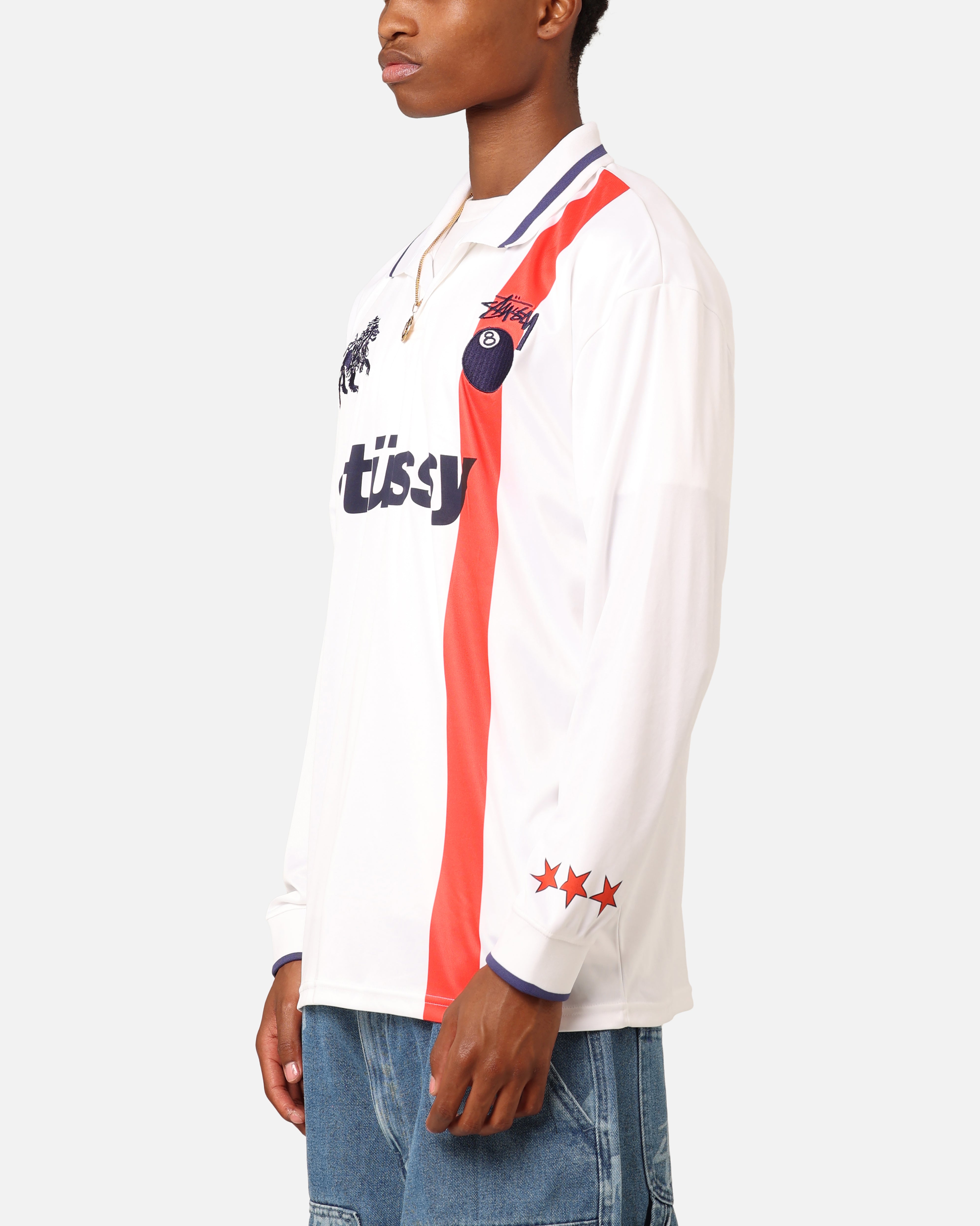 Stüssy Football Polo Long Sleeve T-Shirt White/Red Stripe、mySite、zt4zffjzw