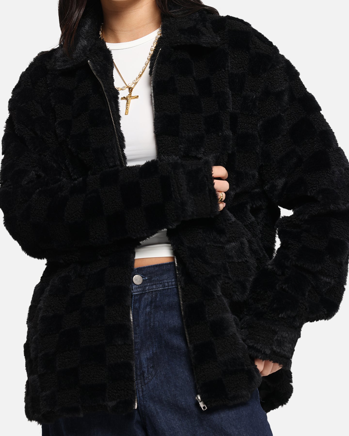 XXIII Checkerboard Fur Jacket Black、mySite、zt4zffjzw